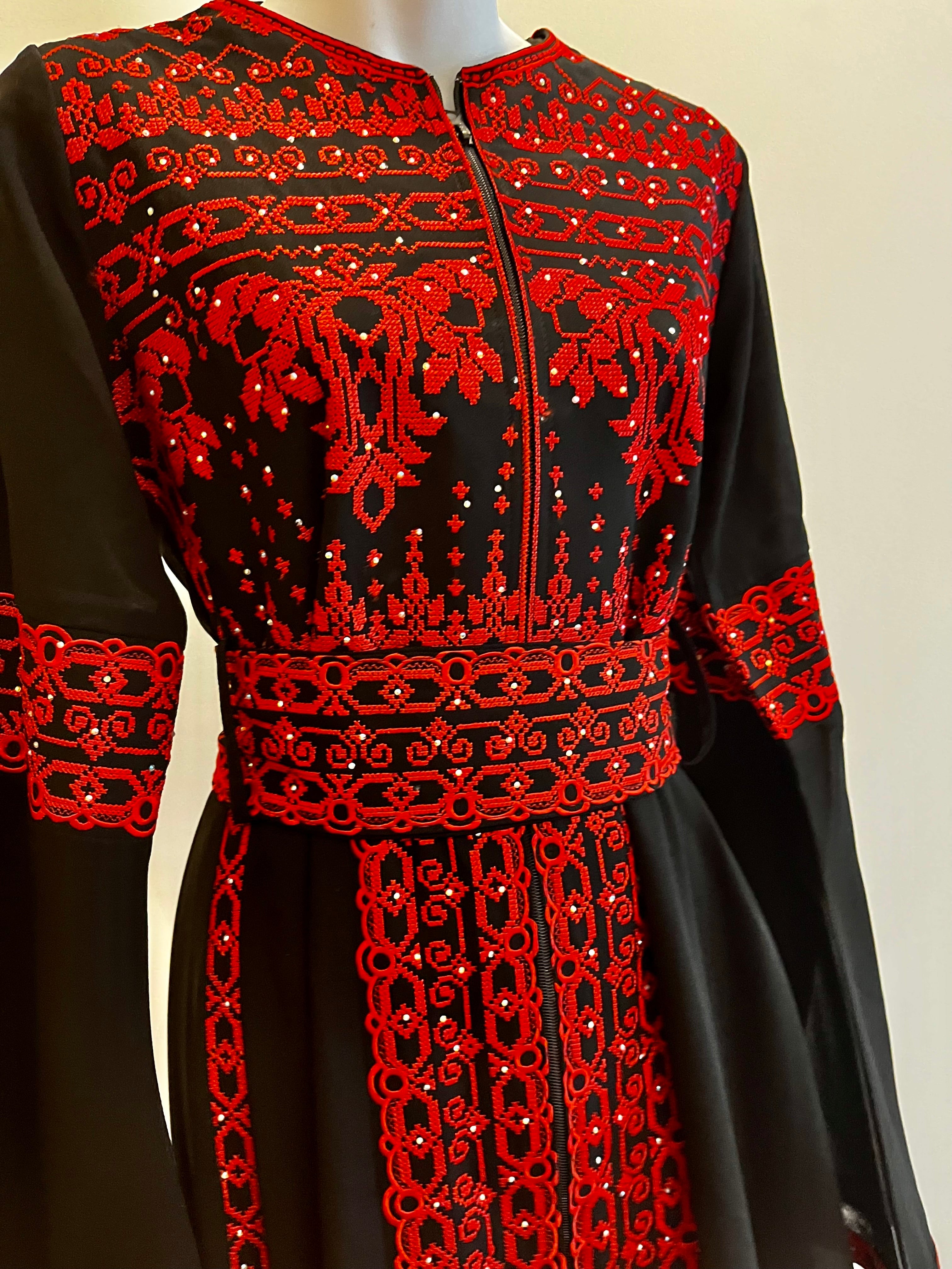 Al Khalili Thobe - Black & Red Long Sleeve Full Embroidered Palestinian Thobe/Dress (3 pieces)