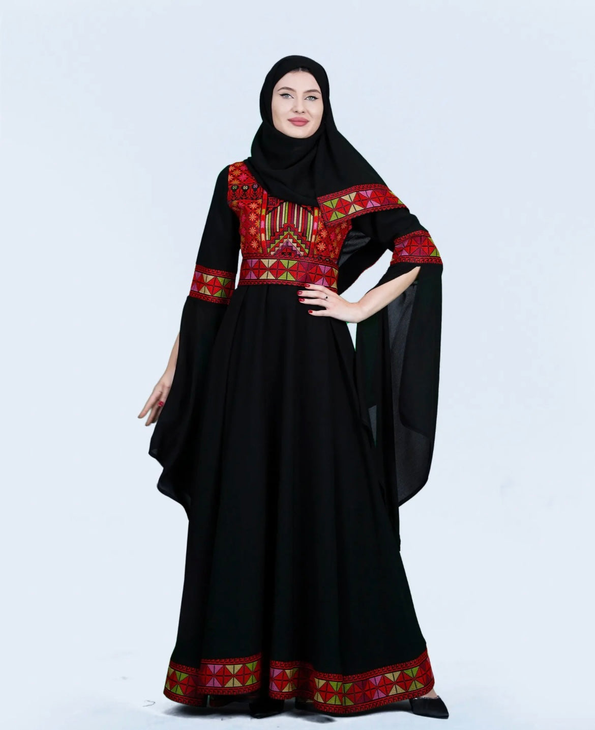 The Sara Thobe - Black with Red Tatreez With Extra Long Sleeve Modern Dress Thobe