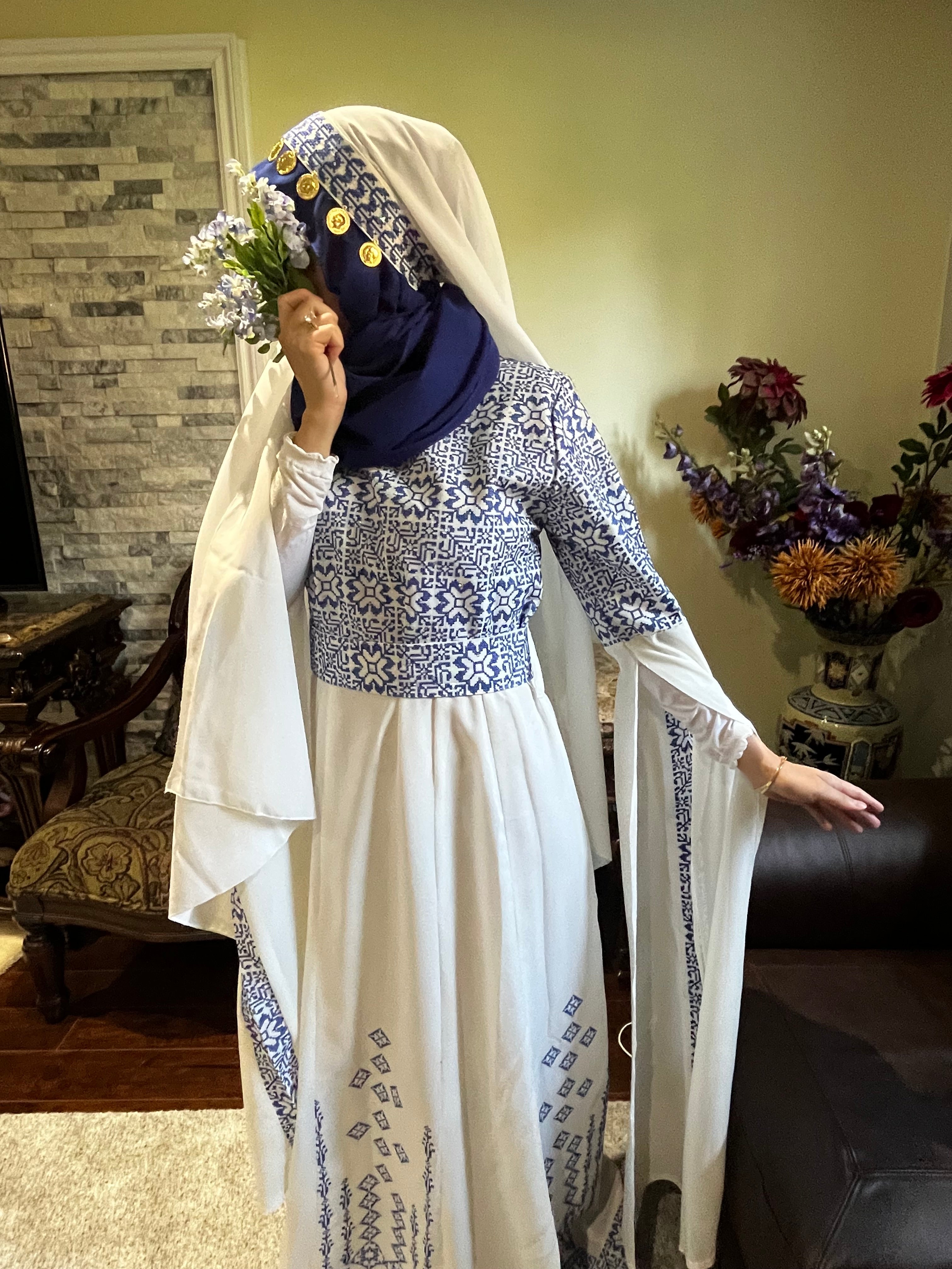Bridal Embroidered Head Veil with coins  (Red & Blue)