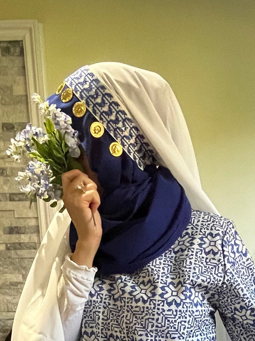 Bridal Embroidered Head Veil with coins  (Red & Blue)