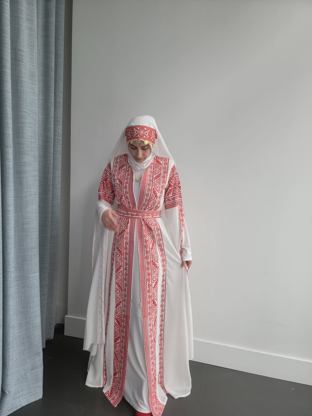 Al Tulkarem Thobe - Bridal White & Red Extra Long Sleeve Full Embroidered Palestinian Thobe (3 pieces)