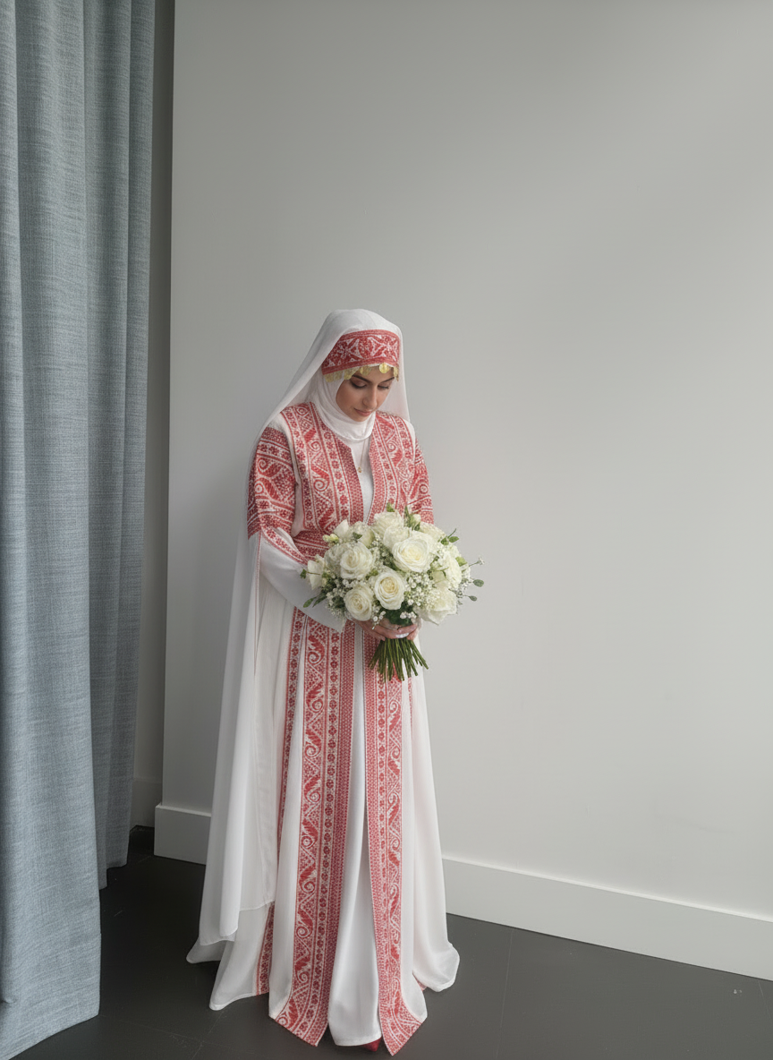 Al Tulkarem Thobe - Bridal White & Red Extra Long Sleeve Full Embroidered Palestinian Thobe (3 pieces)