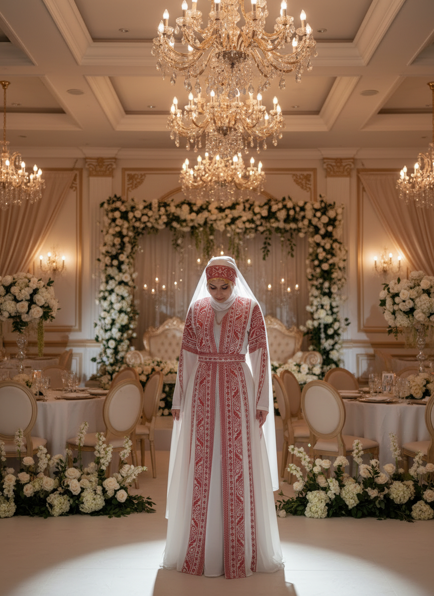 Al Tulkarem Thobe - Bridal White & Red Extra Long Sleeve Full Embroidered Palestinian Thobe (3 pieces)