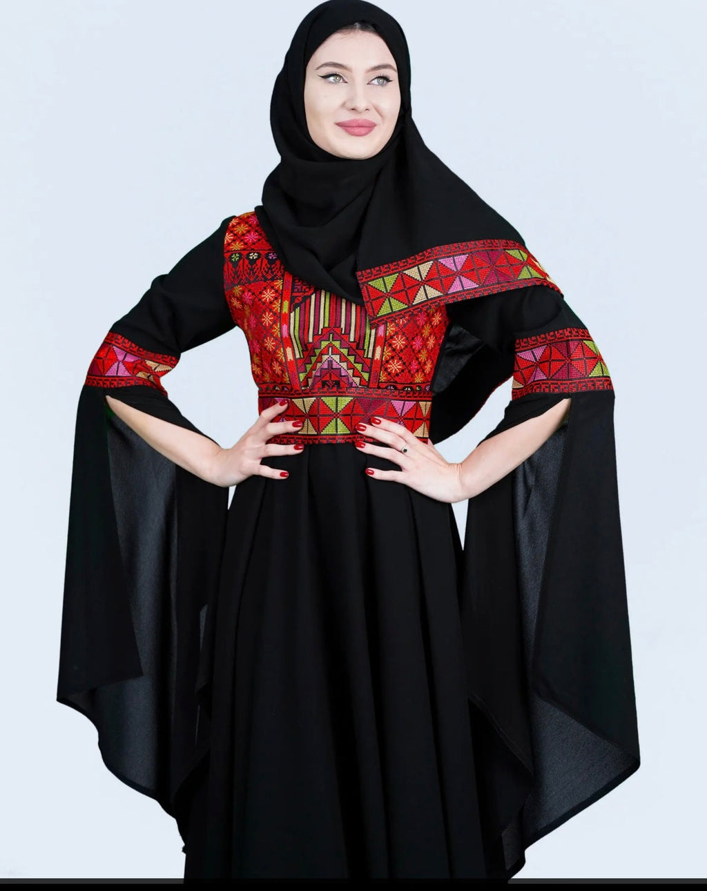 The Sara Thobe - Black with Red Tatreez With Extra Long Sleeve Modern Dress Thobe