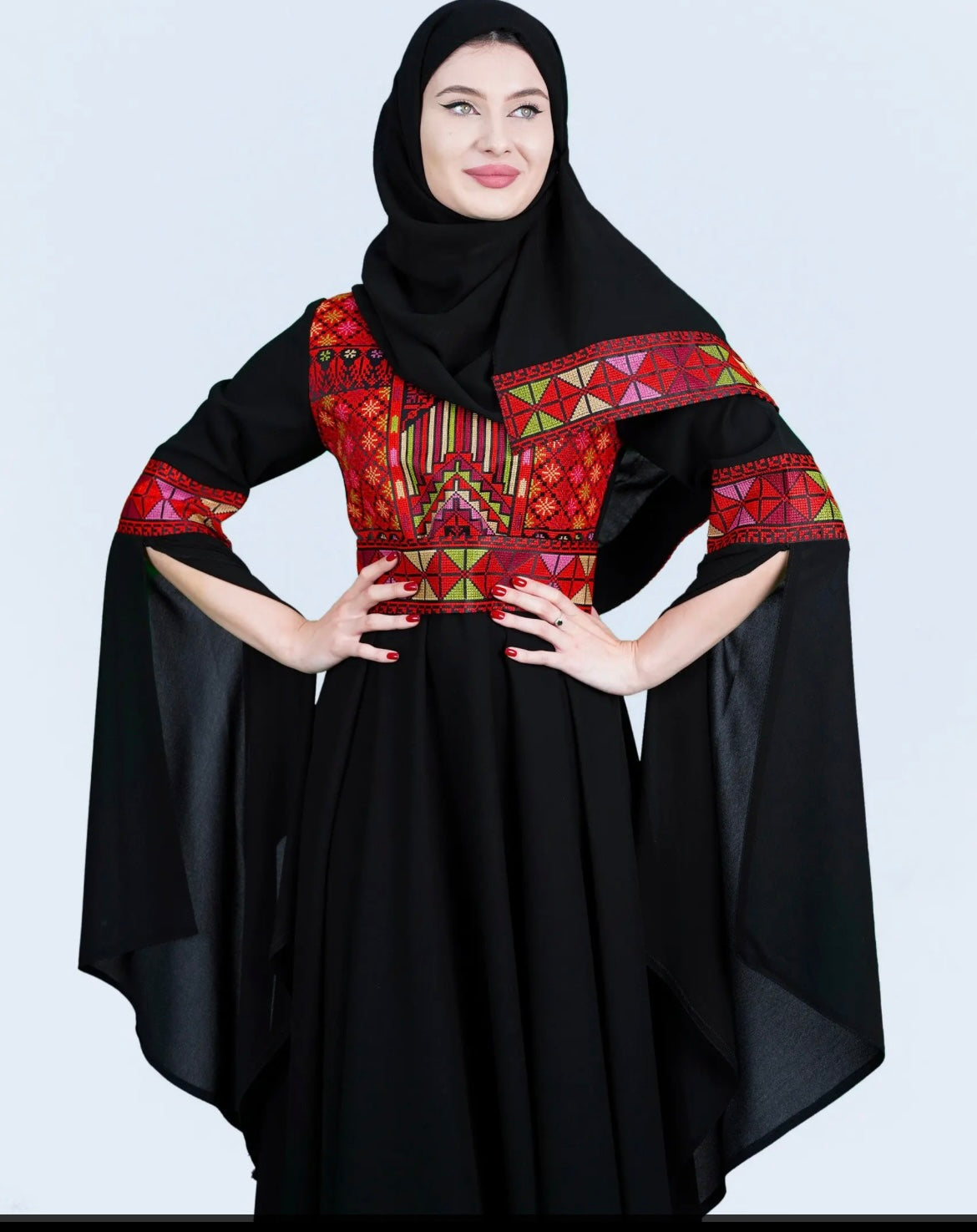 The Sara Thobe - Black with Red Tatreez With Extra Long Sleeve Modern Dress Thobe