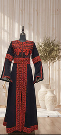 Al Khalili Thobe - Black & Red Long Sleeve Full Embroidered Palestinian Thobe/Dress (3 pieces)