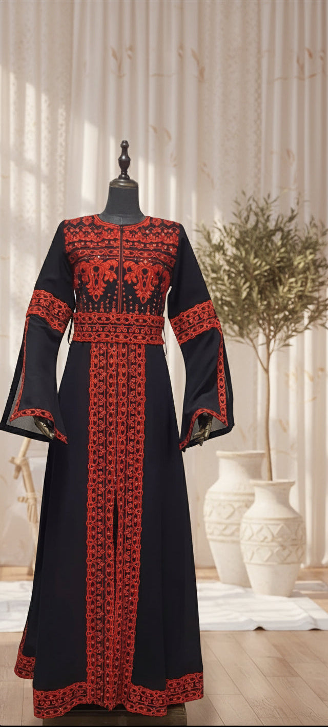 Al Khalili Thobe - Black & Red Long Sleeve Full Embroidered Palestinian Thobe/Dress (3 pieces)