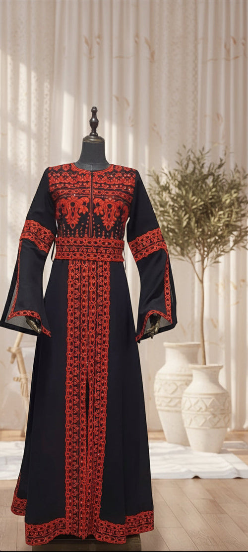 Al Khalili Thobe - Black & Red Long Sleeve Full Embroidered Palestinian Thobe/Dress (3 pieces)