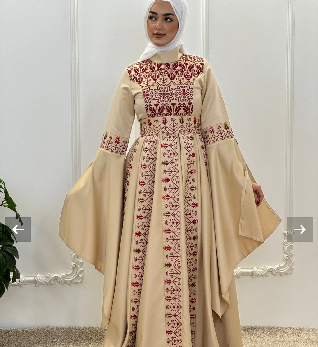 The Raeda Thobe - Beige & Burgundy With Extra Long Sleeve Modern Dress Thobe