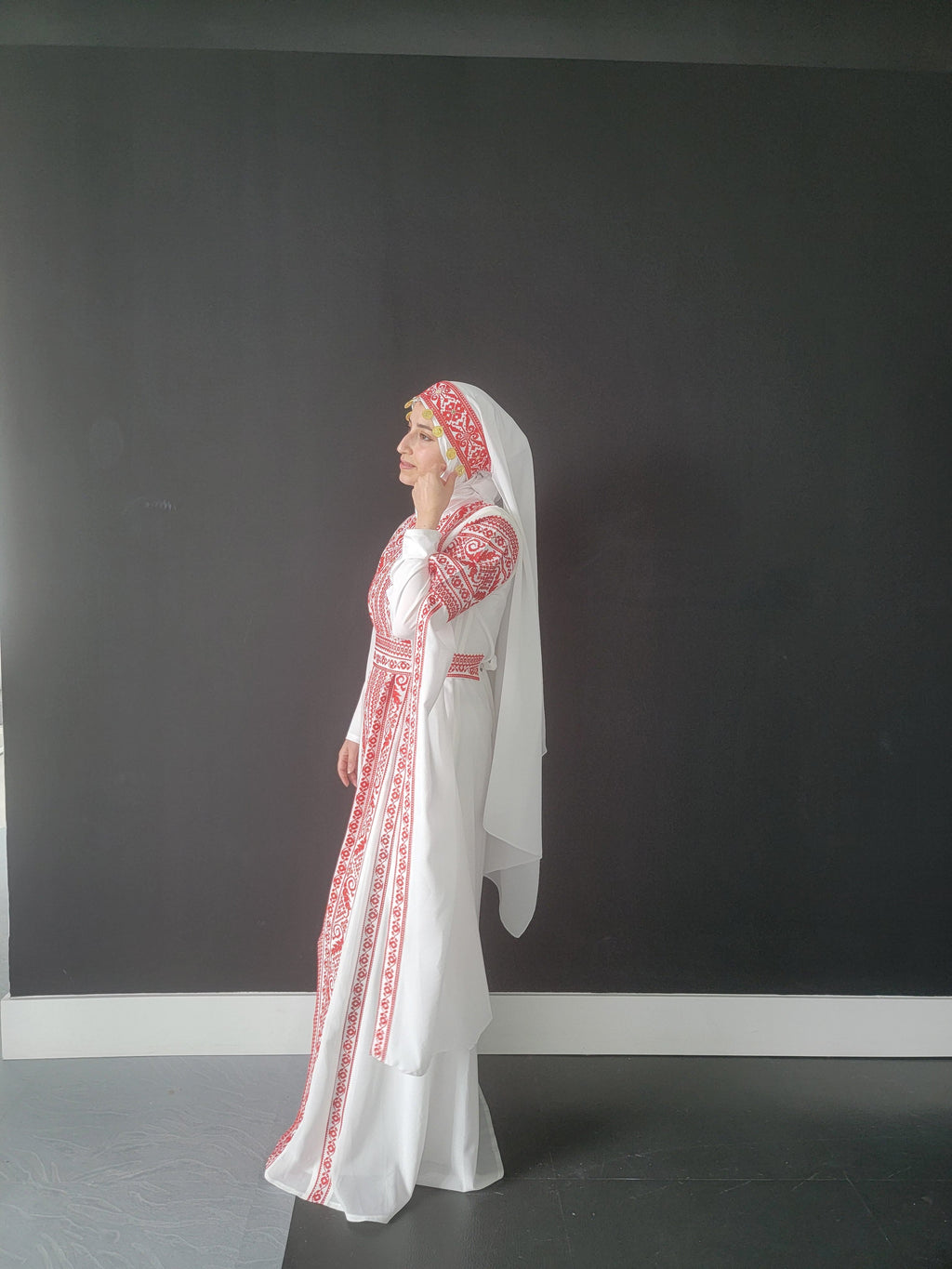 Al Tulkarem Thobe - Bridal White & Red Extra Long Sleeve Full Embroidered Palestinian Thobe (3 pieces)