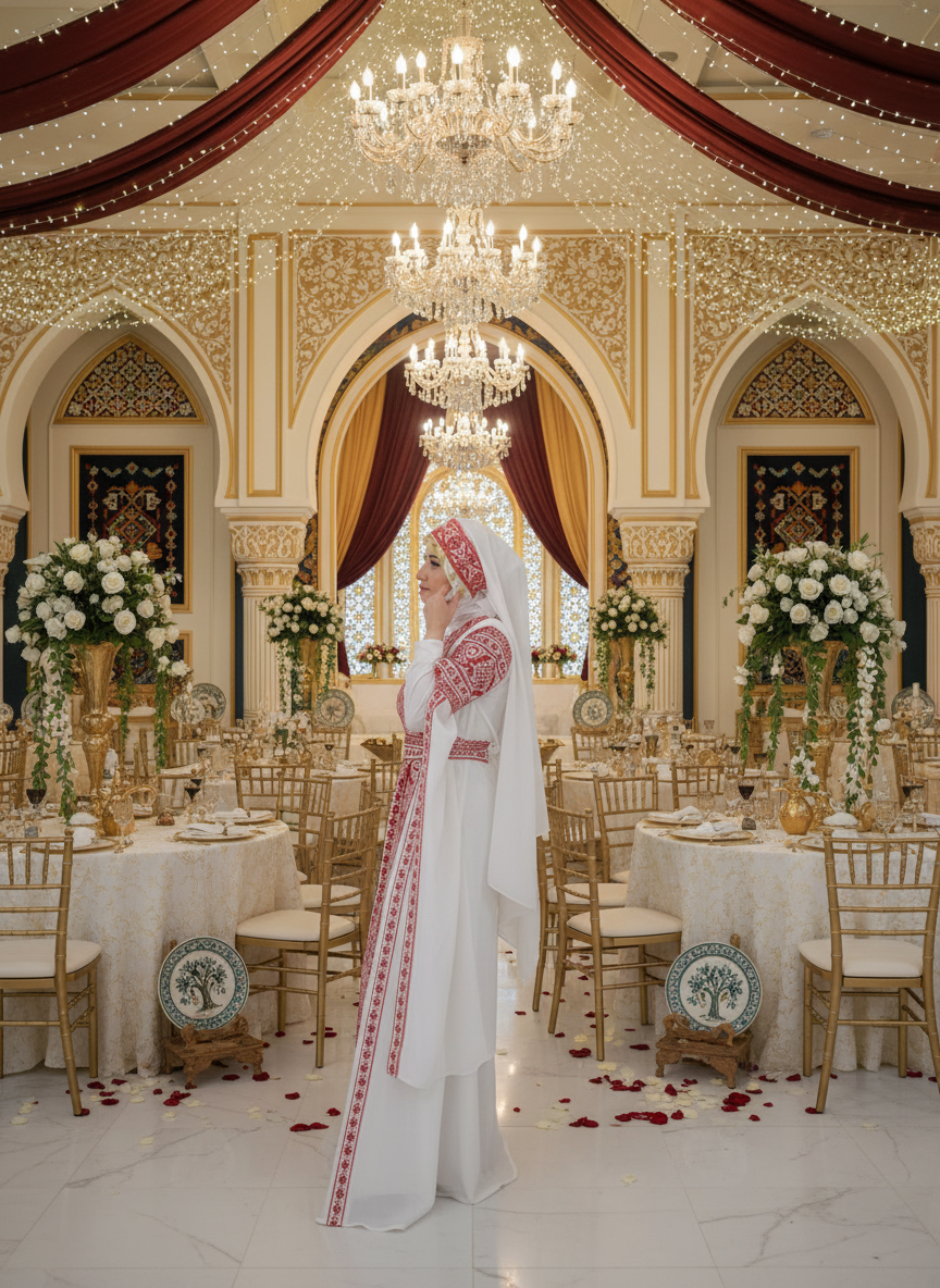 Al Tulkarem Thobe - Bridal White & Red Extra Long Sleeve Full Embroidered Palestinian Thobe (3 pieces)