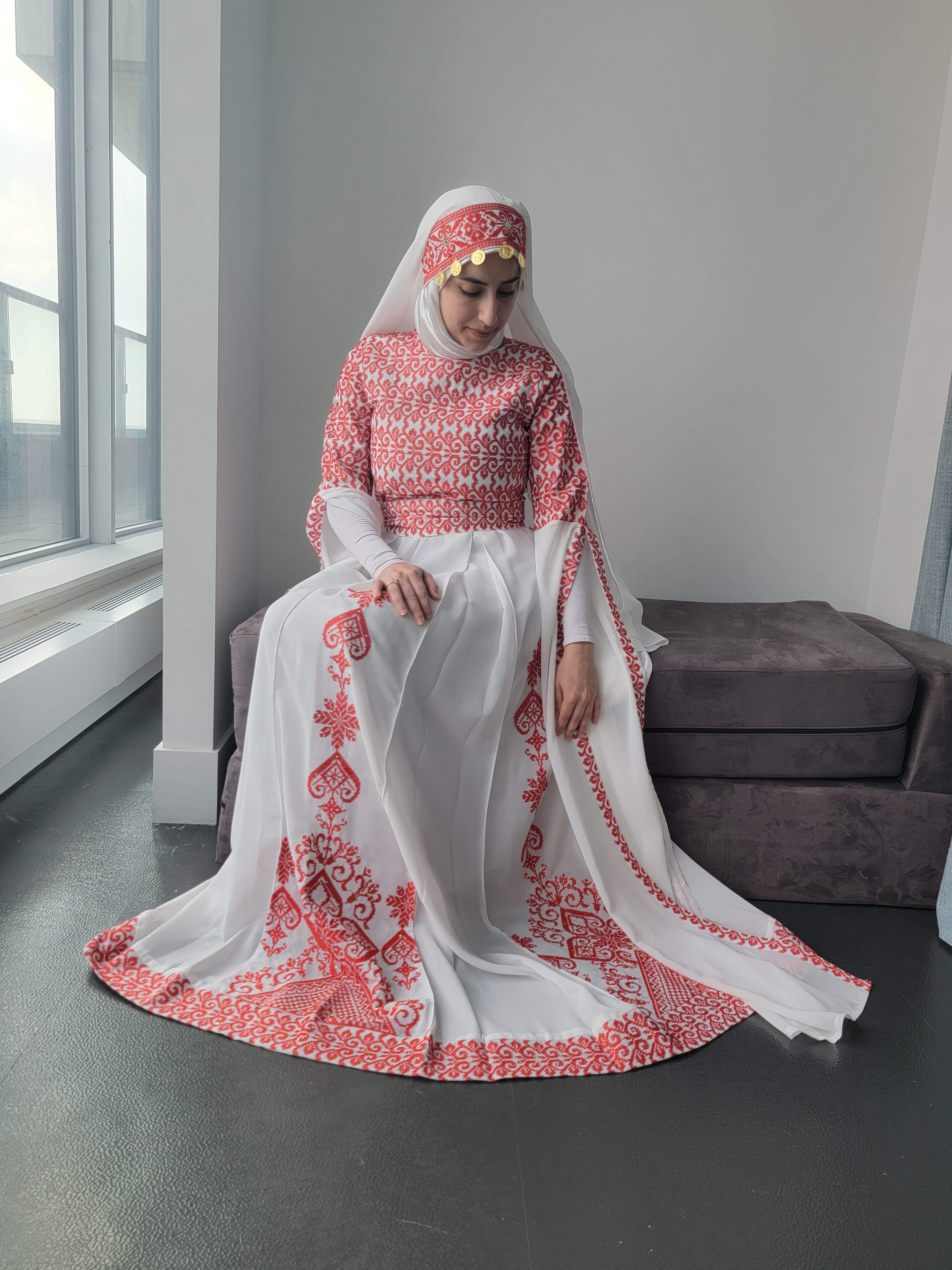 Bridal White & Red Thobe with Full Embroidered Top With Extra long Sleeves