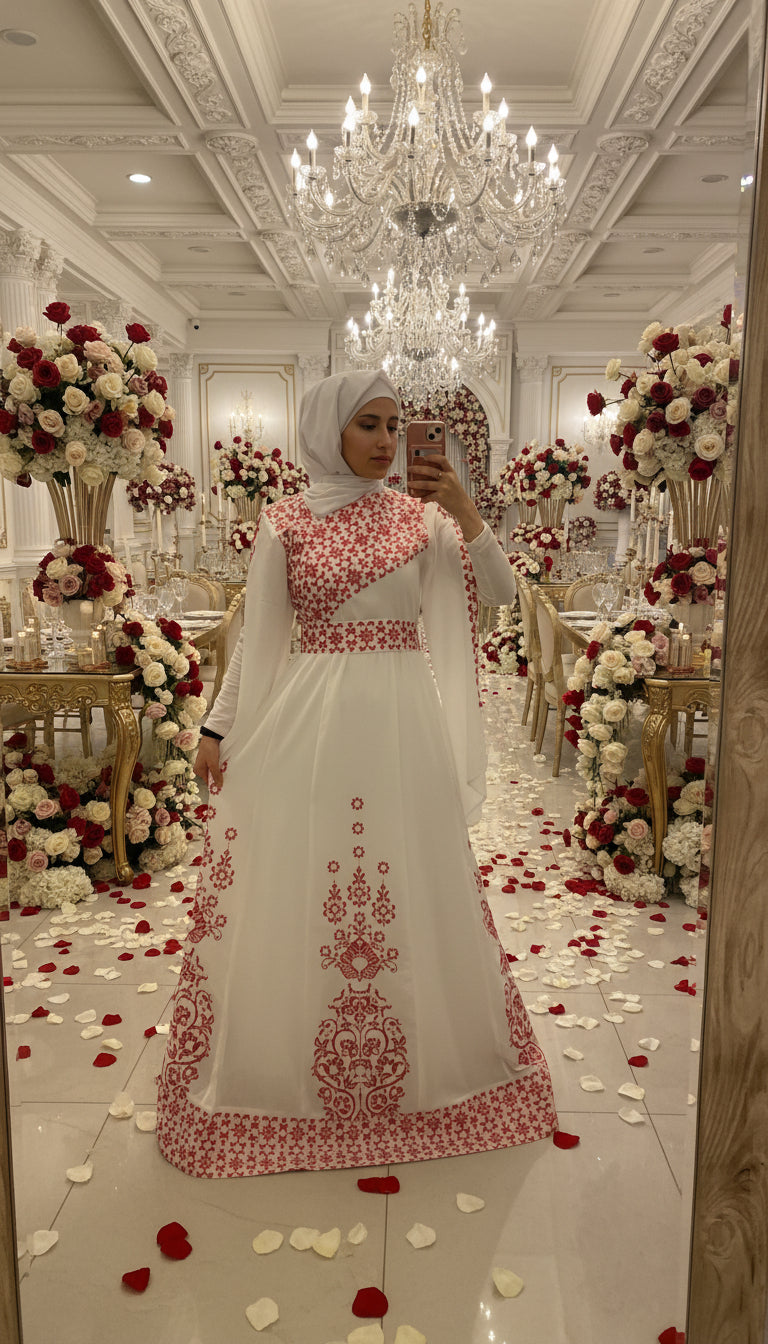 White Essence Thobe - White & Red Tatreez Thobe