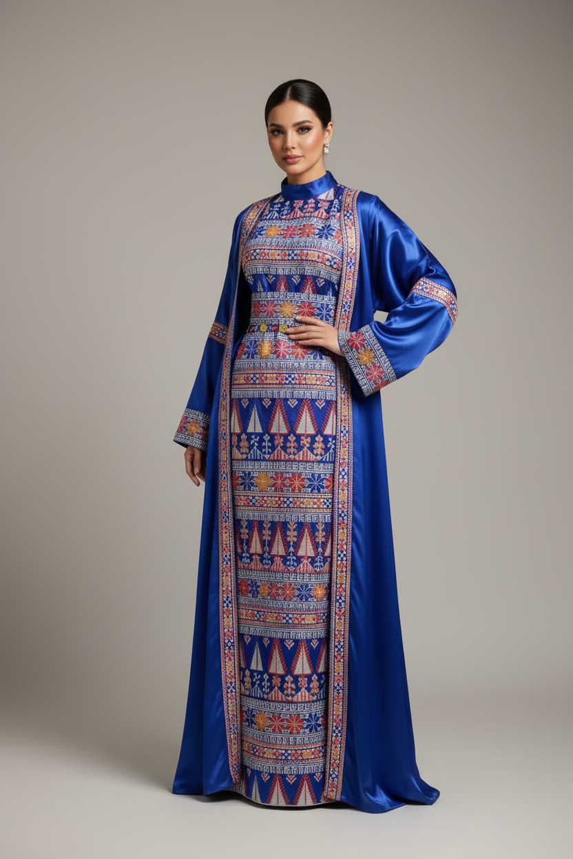 Satin Palestinian Thobe - Embroidered Maxi Dress Satin Fabric ( 2 colours)