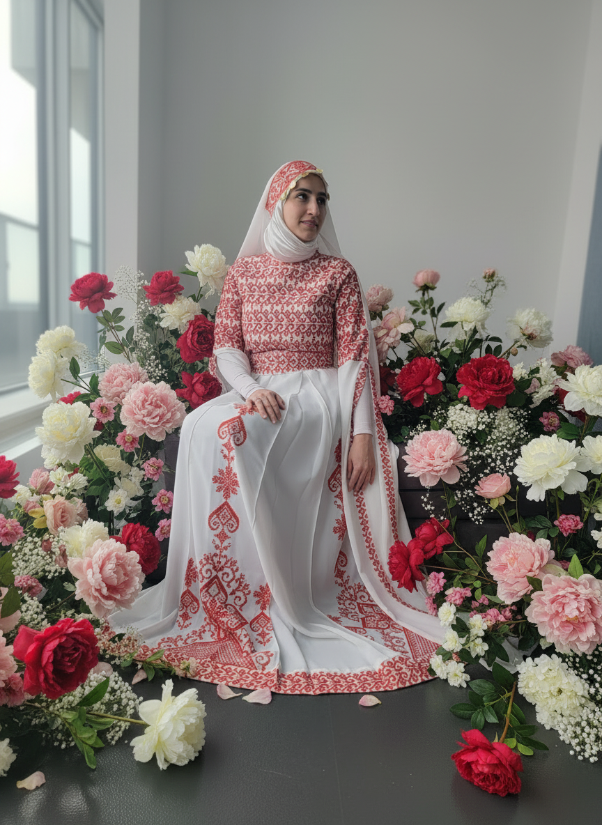 Bridal White & Red Thobe with Full Embroidered Top With Extra long Sleeves