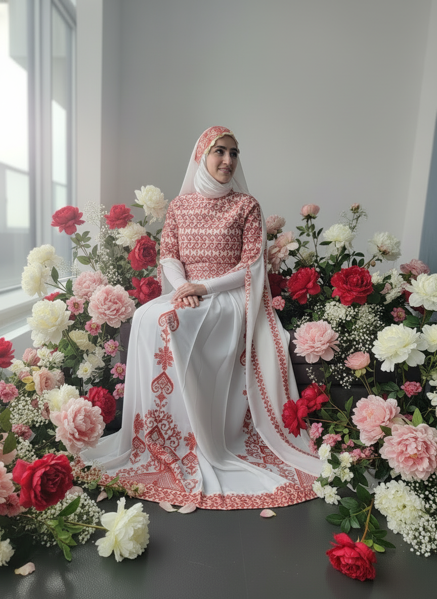 Bridal White & Red Thobe with Full Embroidered Top With Extra long Sleeves