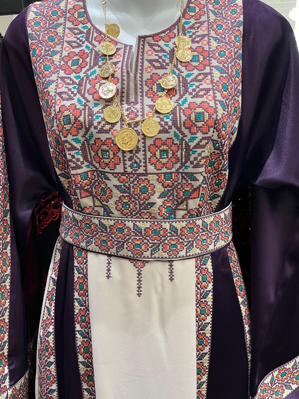 The Poppy Flower Thobe - Purple With Flowers & Sparkle Traditional Long Sleeve Full Embroidered Palestinian Thobe/Dress
