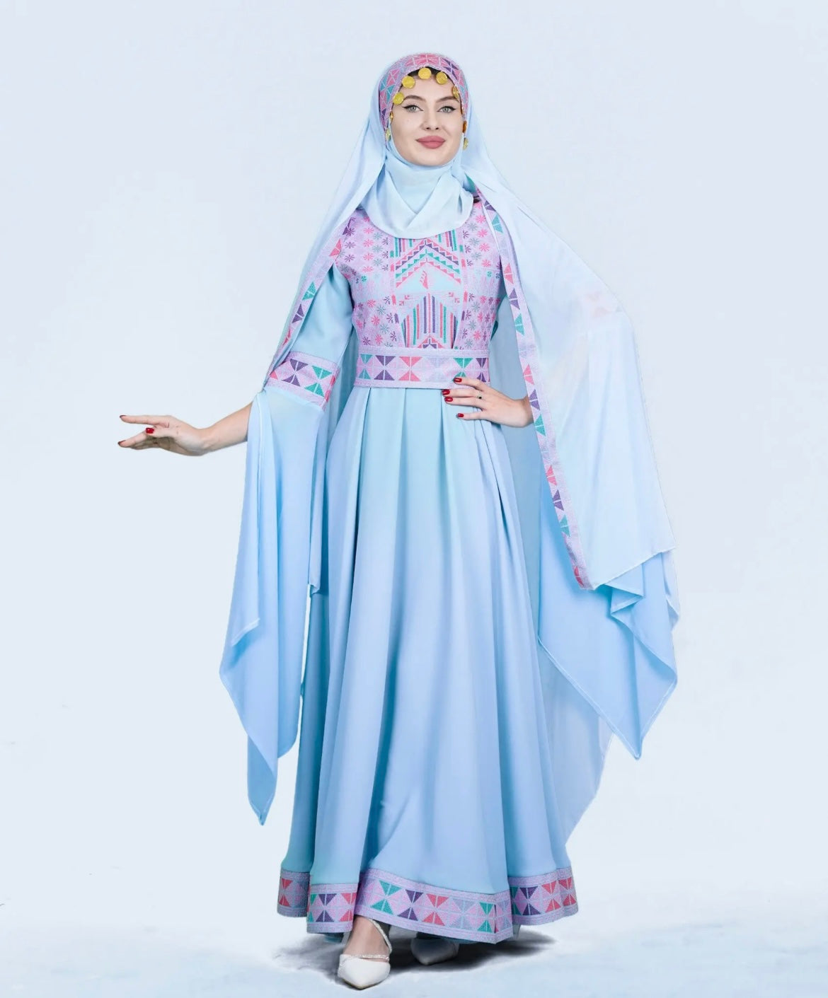 The Sara Thobe - Blue with Pink Tatreez With Extra Long Sleeve Modern Dress Thobe
