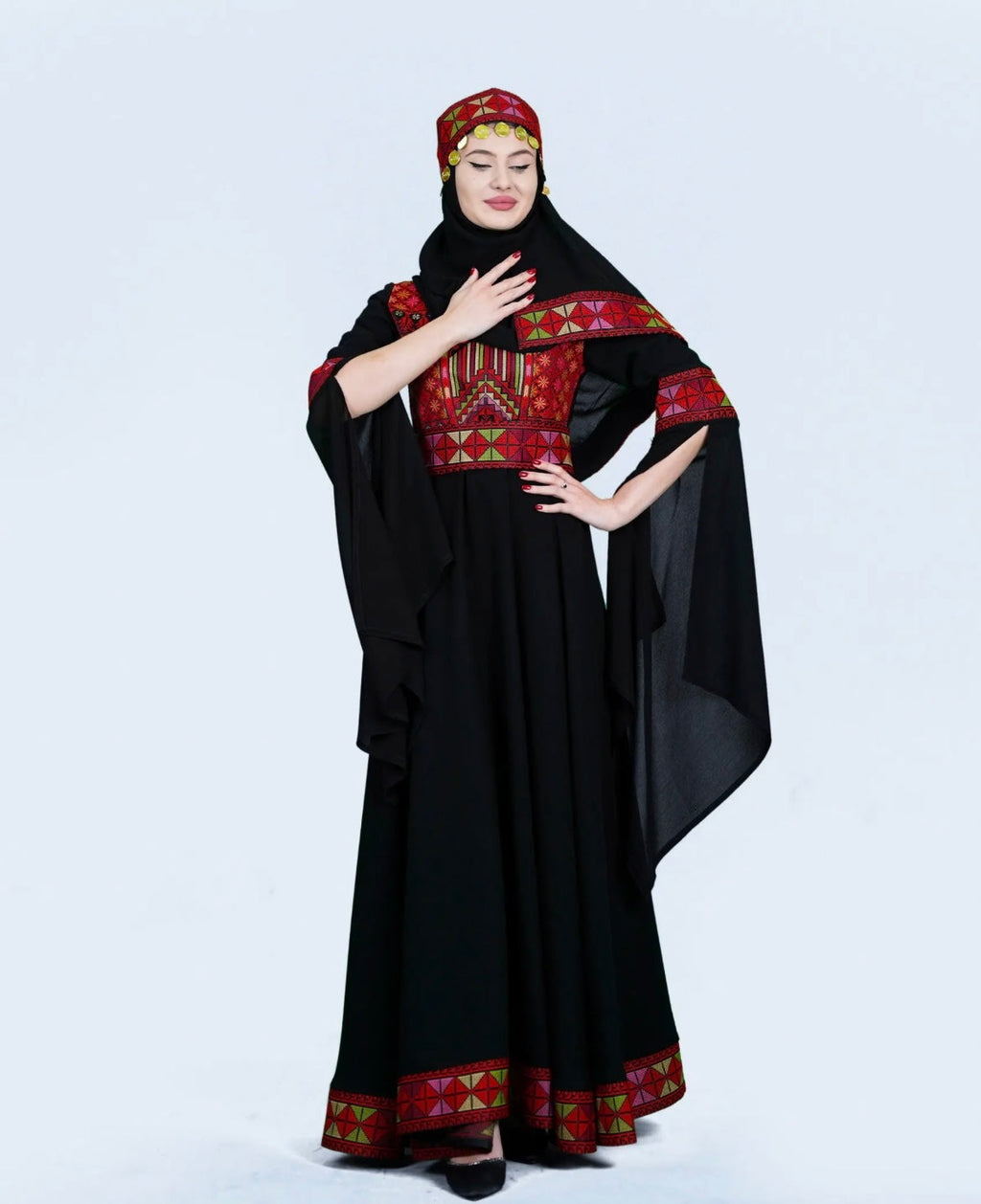 The Sara Thobe - Black with Red Tatreez With Extra Long Sleeve Modern Dress Thobe