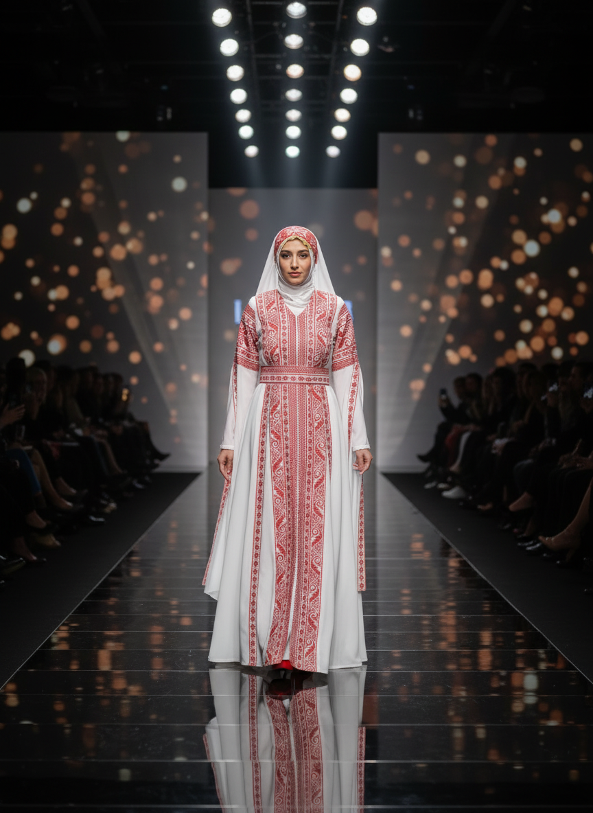 Al Tulkarem Thobe - Bridal White & Red Extra Long Sleeve Full Embroidered Palestinian Thobe (3 pieces)