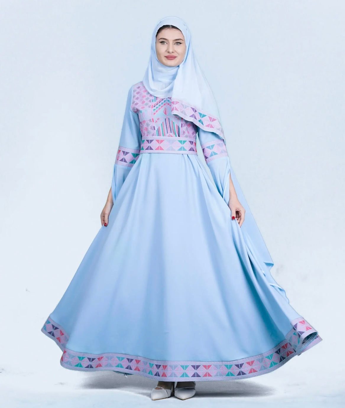 The Sara Thobe - Blue with Pink Tatreez With Extra Long Sleeve Modern Dress Thobe