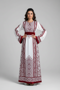 Jenin Thobe - White and Red traditional Bridal Thobe  (Embroidered Tatreez Palestinian Jordanian Thobe)