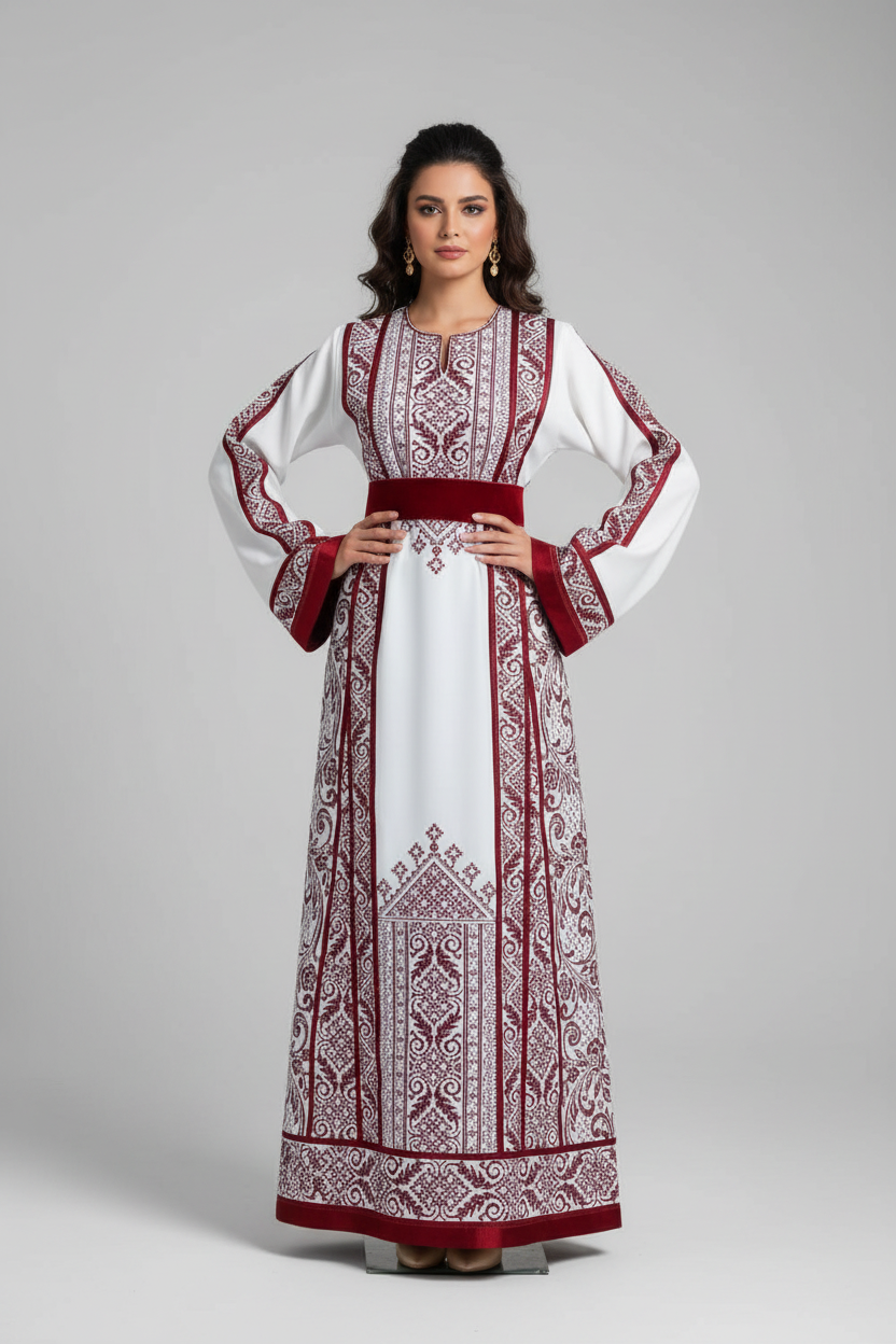 Jenin Thobe - White and Red traditional Bridal Thobe  (Embroidered Tatreez Palestinian Jordanian Thobe)