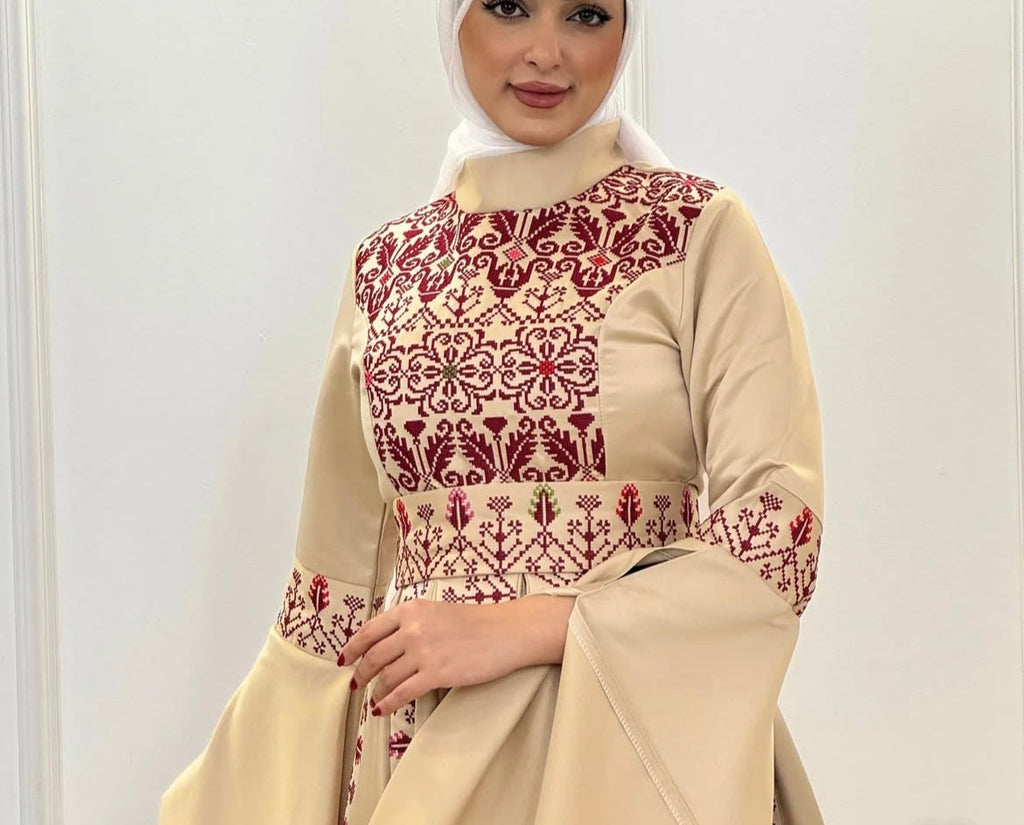 The Raeda Thobe - Beige & Burgundy With Extra Long Sleeve Modern Dress Thobe