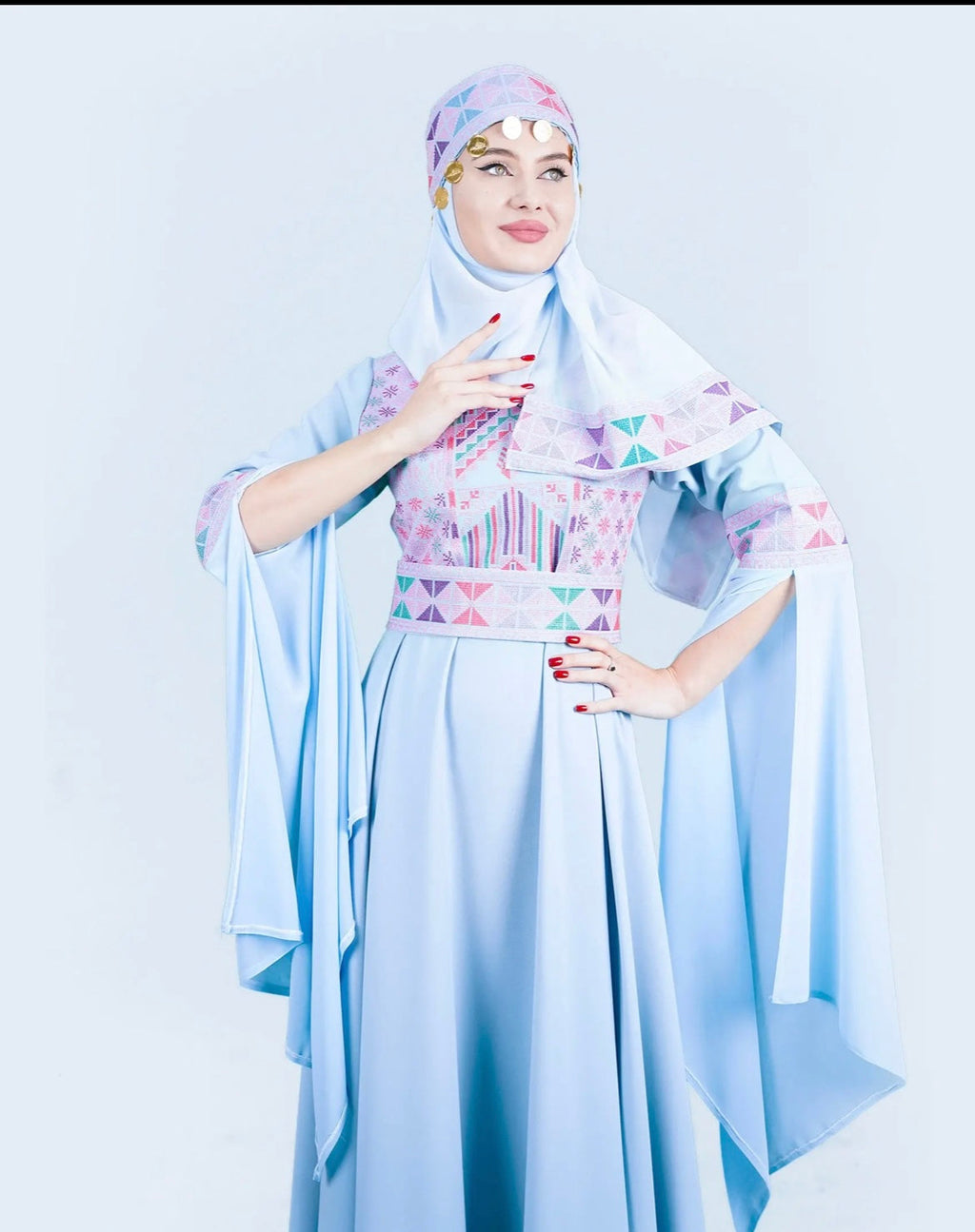 The Sara Thobe - Blue with Pink Tatreez With Extra Long Sleeve Modern Dress Thobe