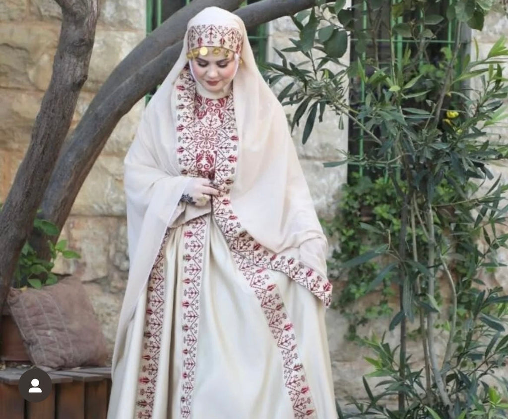 The Raeda Thobe - Beige & Burgundy With Extra Long Sleeve Modern Dress Thobe