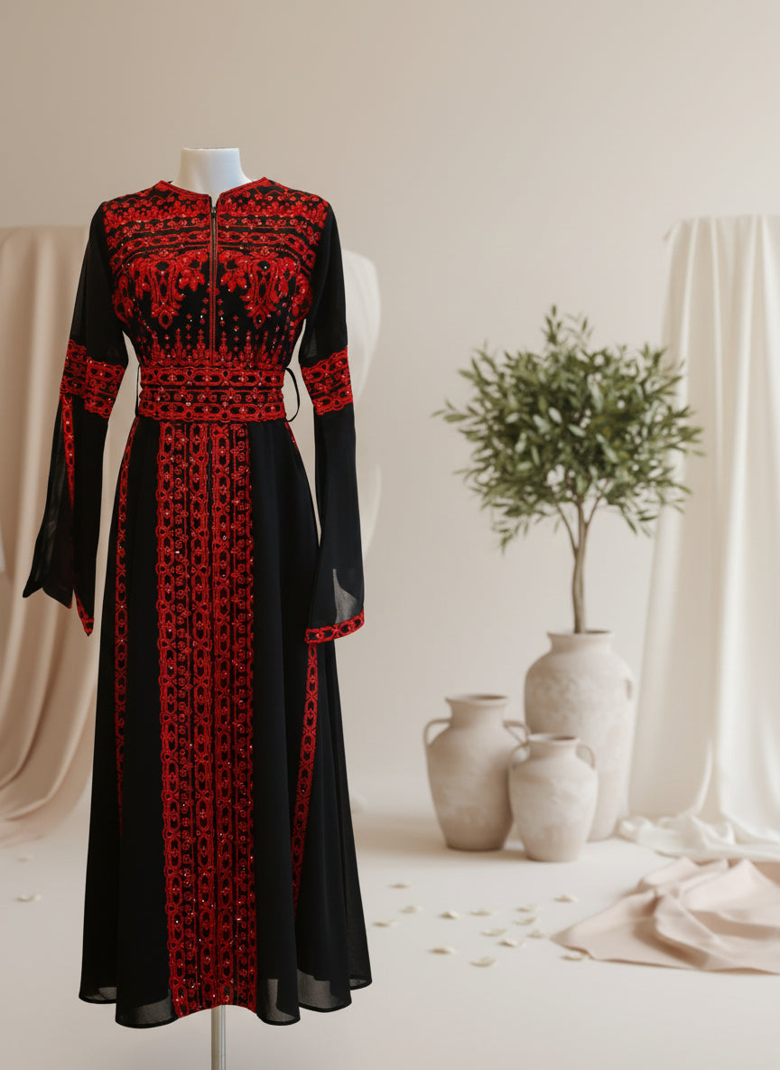 Al Khalili Thobe - Black & Red Long Sleeve Full Embroidered Palestinian Thobe/Dress (3 pieces)