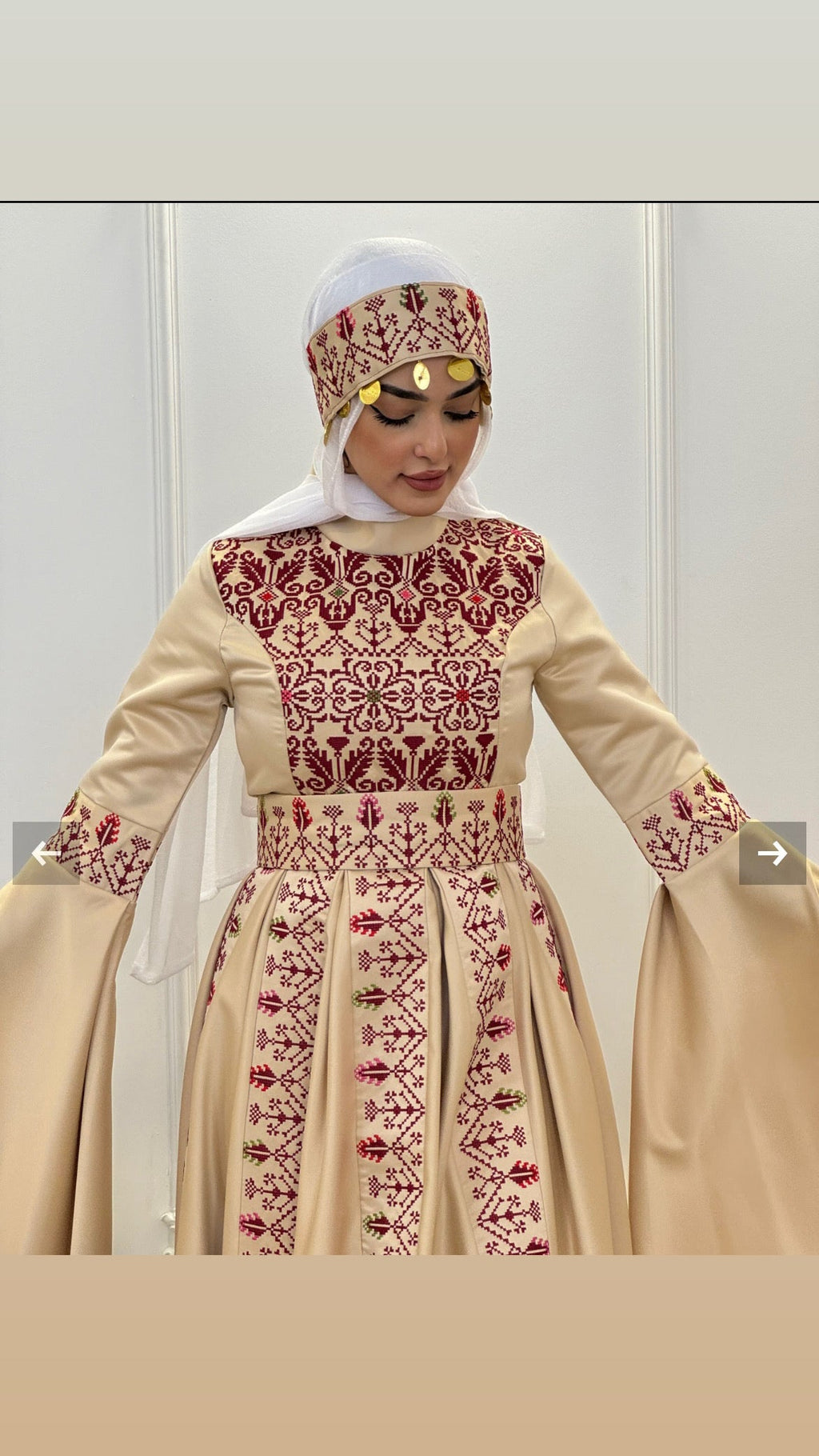 The Raeda Thobe - Beige & Burgundy With Extra Long Sleeve Modern Dress Thobe