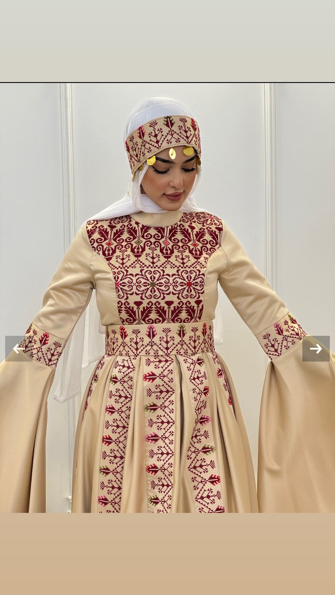 The Raeda Thobe - Beige & Burgundy With Extra Long Sleeve Modern Dress Thobe