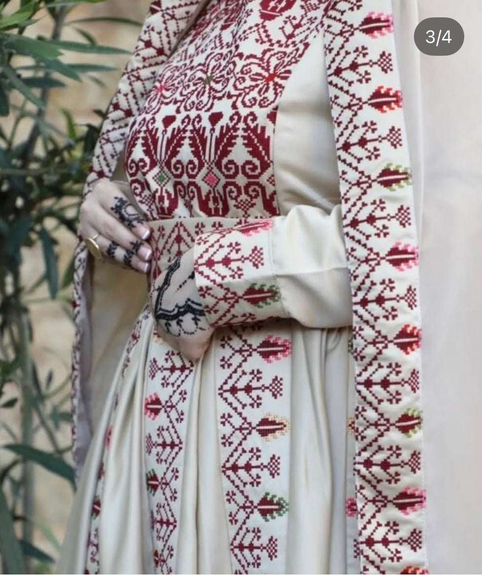 The Raeda Thobe - Beige & Burgundy With Extra Long Sleeve Modern Dress Thobe