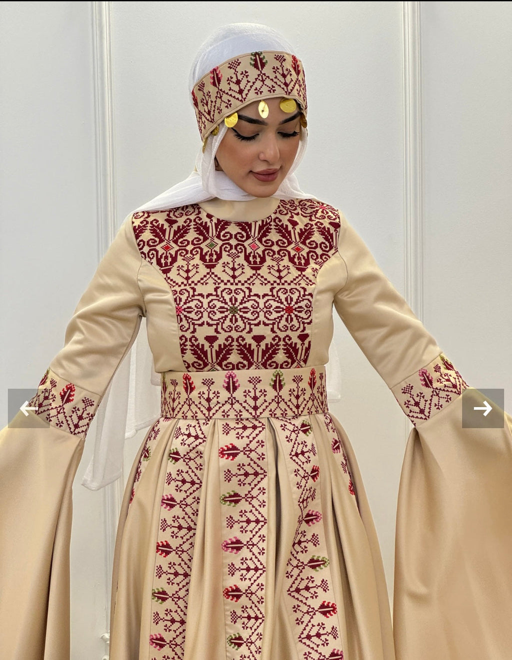 The Raeda Thobe - Beige & Burgundy With Extra Long Sleeve Modern Dress Thobe