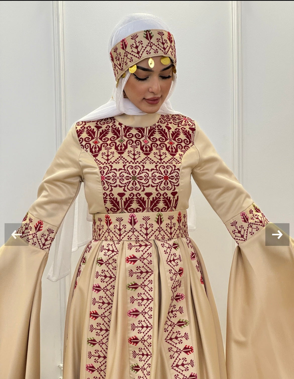 The Raeda Thobe - Beige & Burgundy With Extra Long Sleeve Modern Dress Thobe