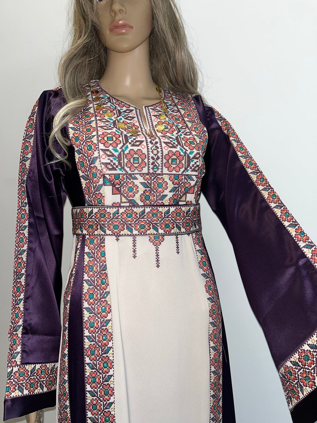 The Poppy Flower Thobe - Purple With Flowers & Sparkle Traditional Long Sleeve Full Embroidered Palestinian Thobe/Dress