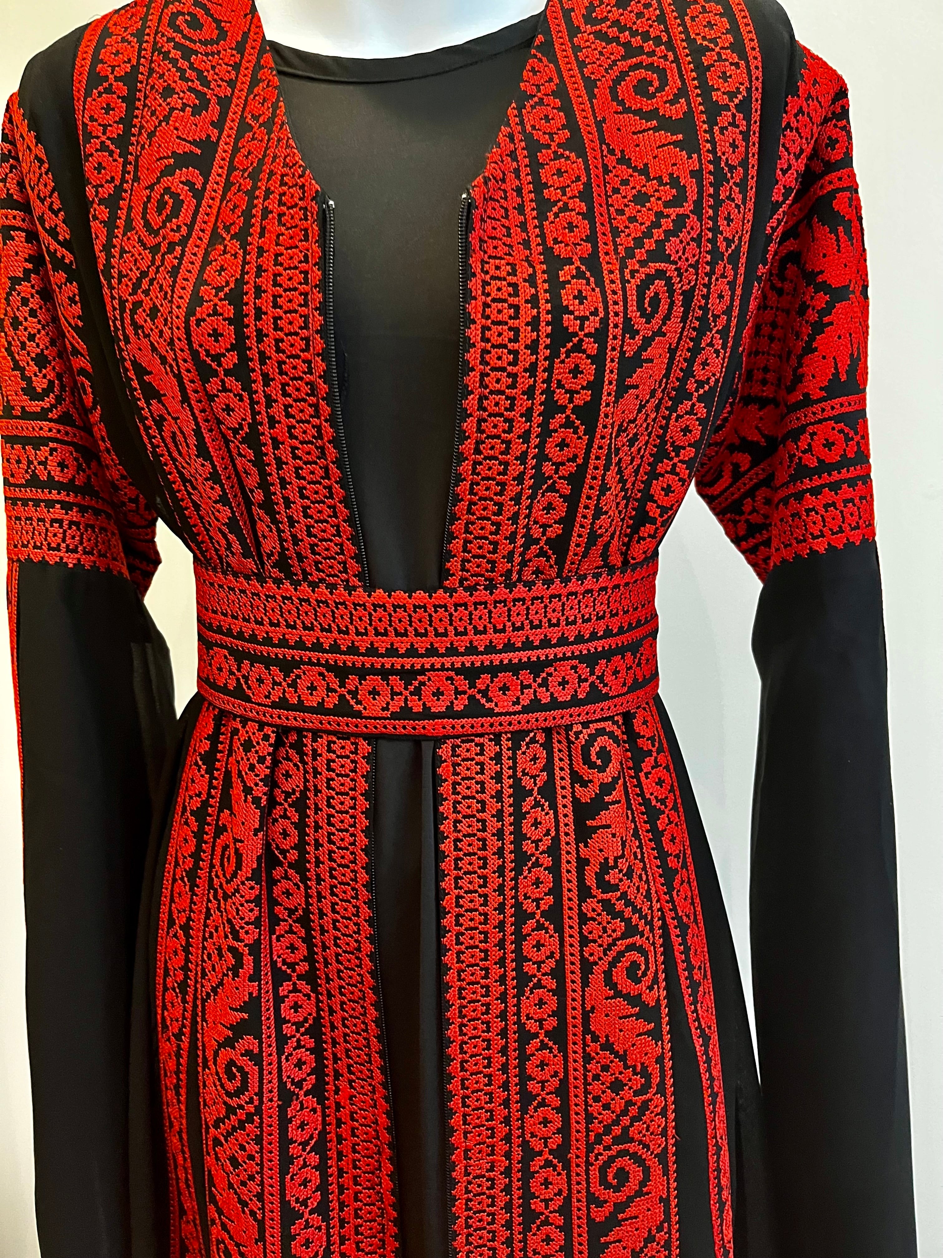 Al Tulkarem Thobe - Black & Red Extra Long Sleeve Full Embroidered Palestinian Thobe (3 pieces)