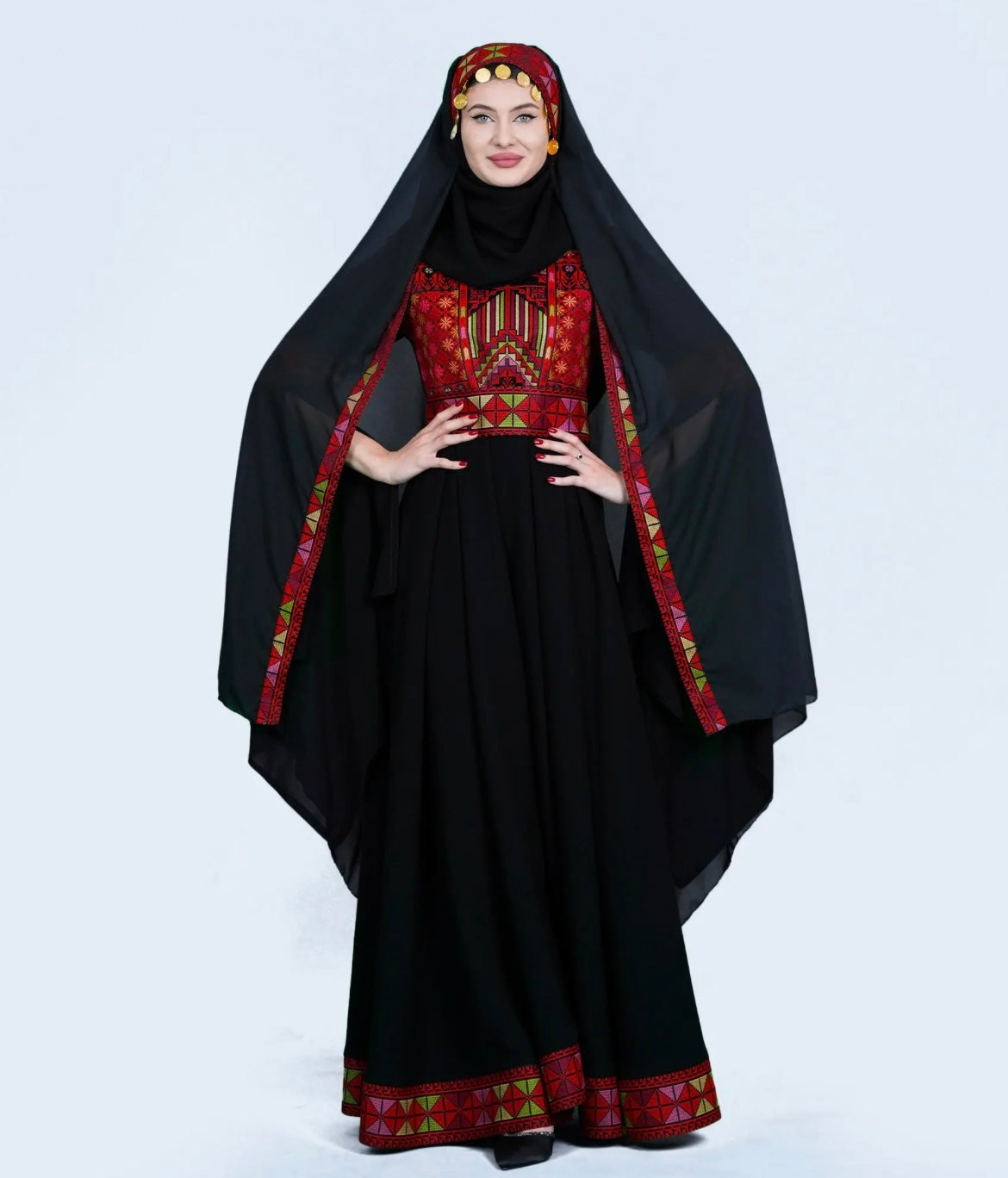 The Sara Thobe - Black with Red Tatreez With Extra Long Sleeve Modern Dress Thobe