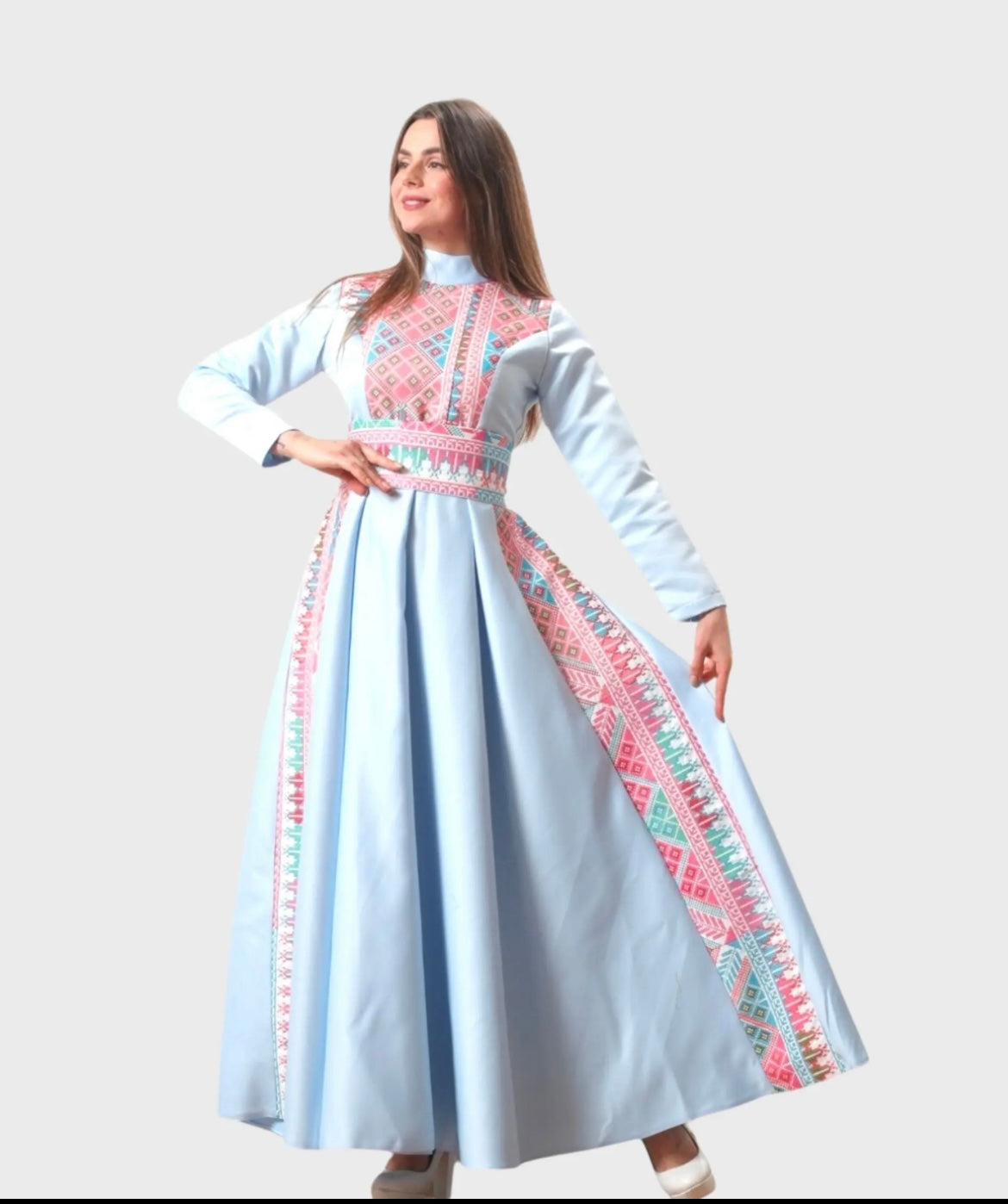 The Rola Thobe - Blue Satin with Pink Tatreez Modern Dress Thobe - High Neck