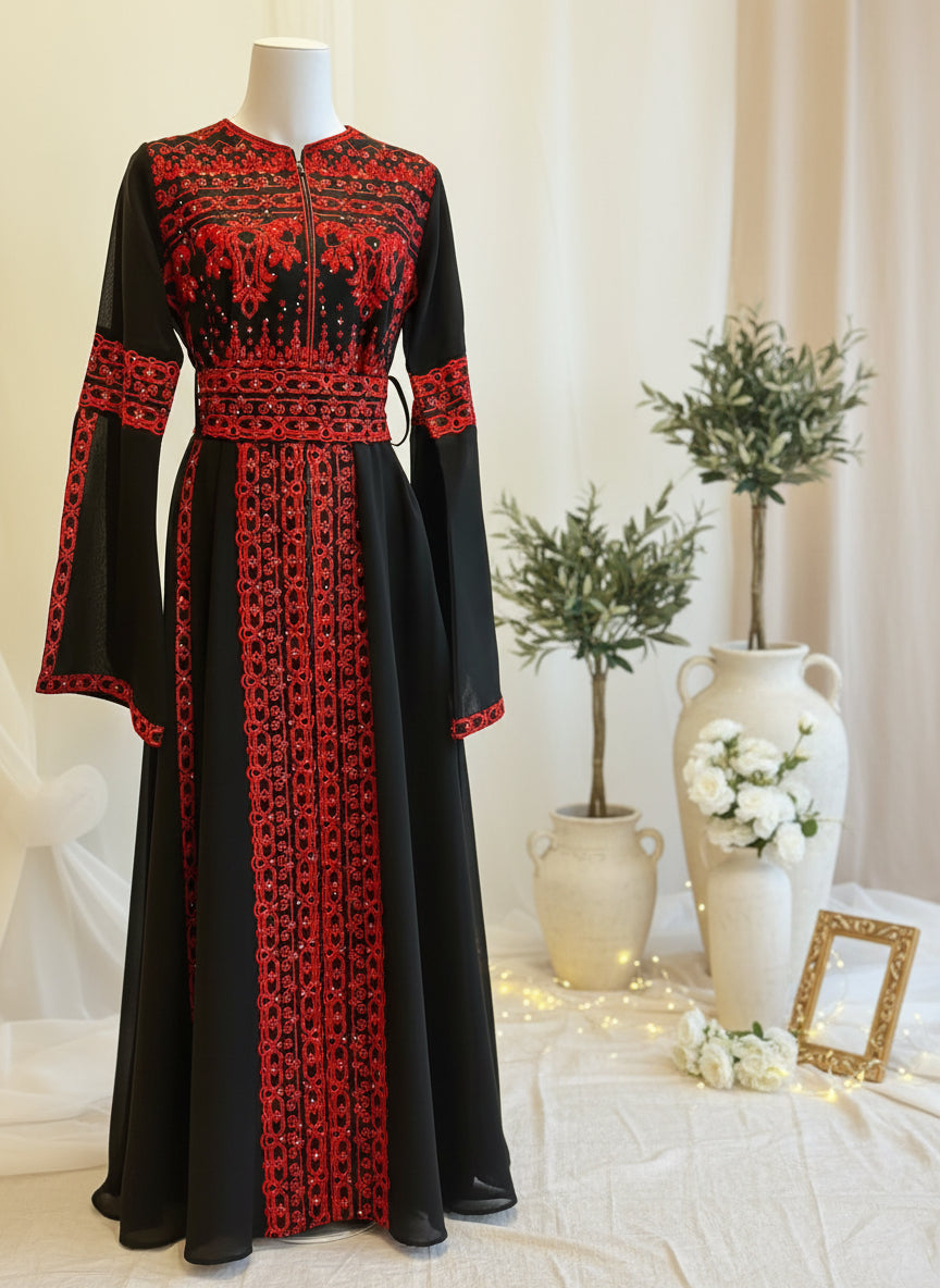 Al Khalili Thobe - Black & Red Long Sleeve Full Embroidered Palestinian Thobe/Dress (3 pieces)