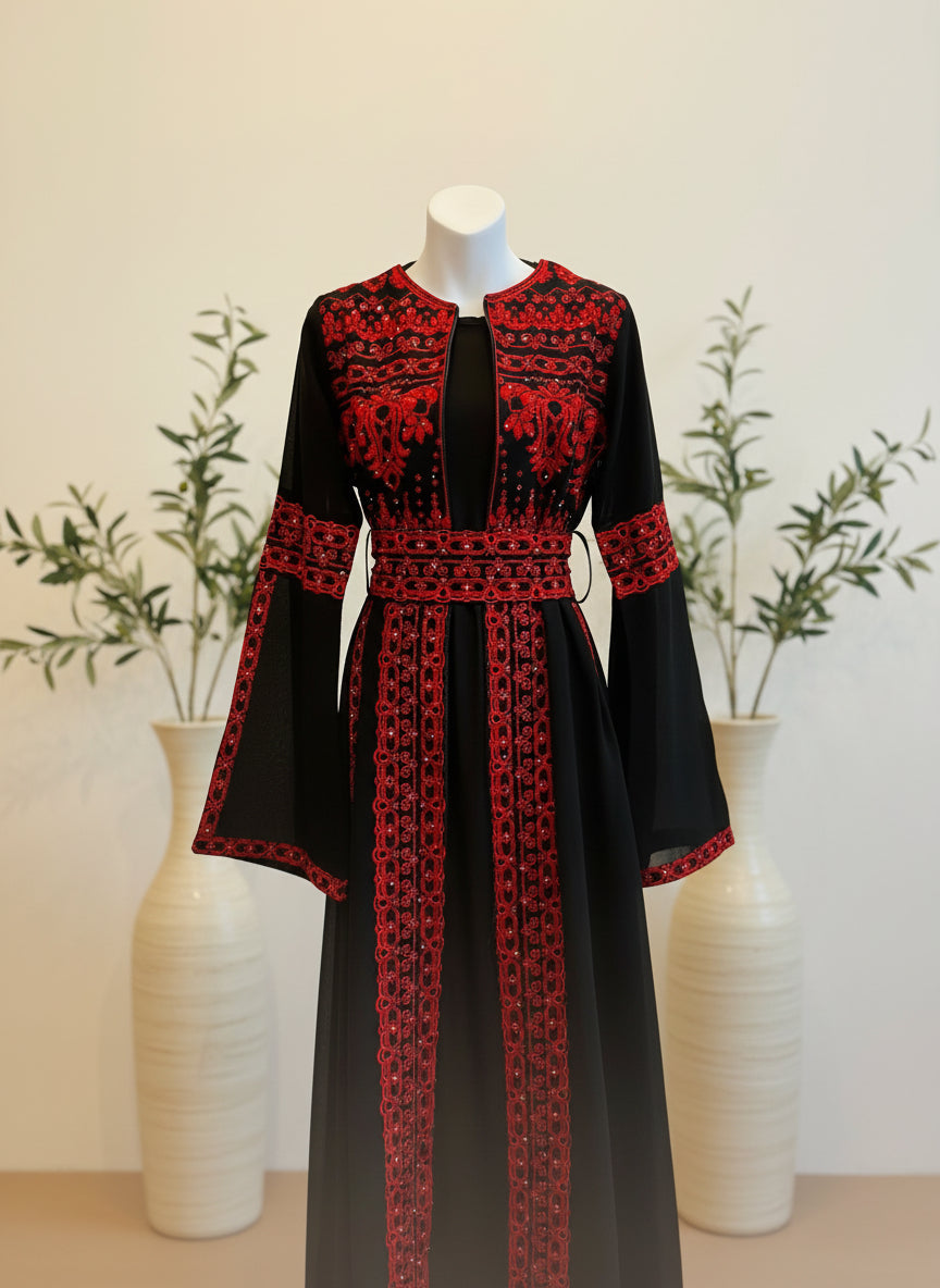 Al Khalili Thobe - Black & Red Long Sleeve Full Embroidered Palestinian Thobe/Dress (3 pieces)
