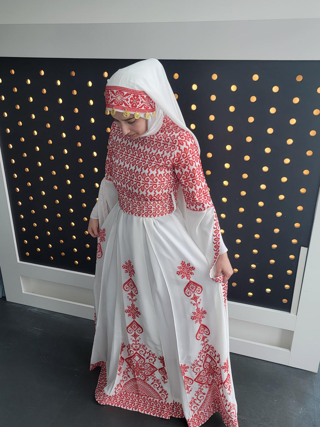 Bridal White & Red Thobe with Full Embroidered Top With Extra long Sleeves