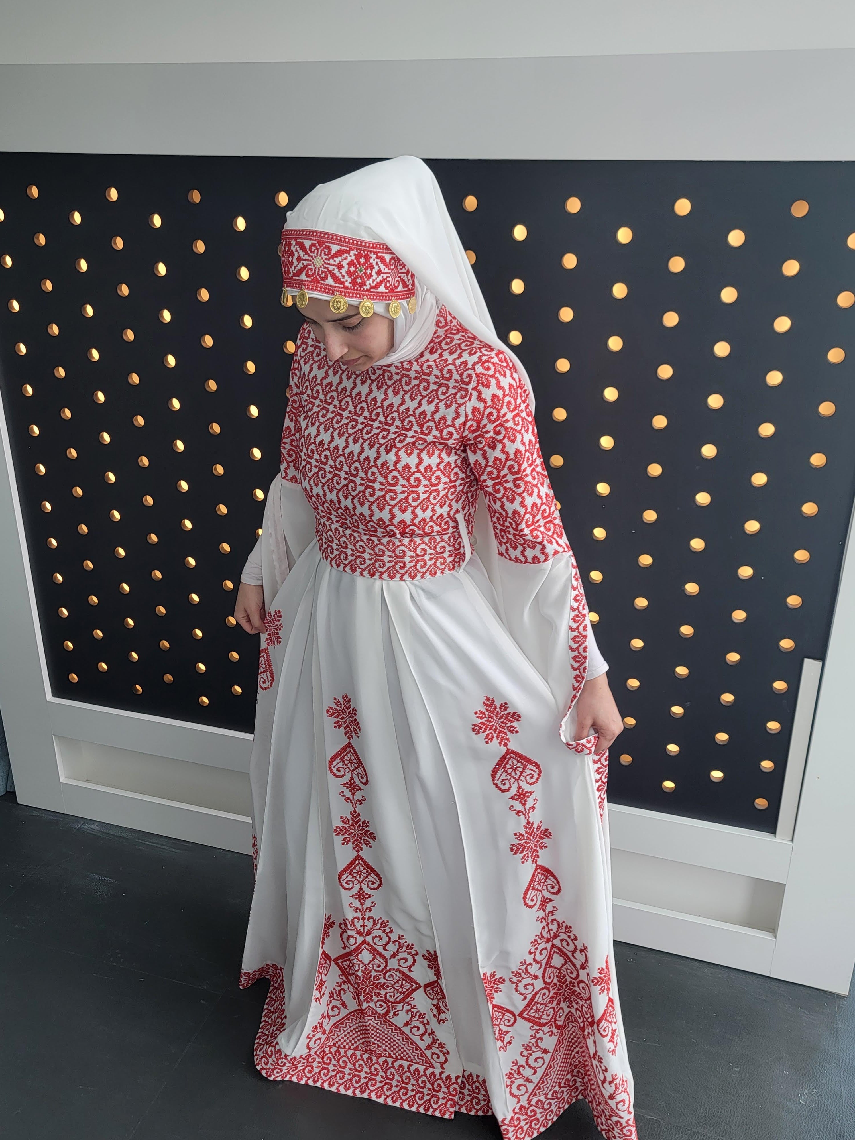 Bridal White & Red Thobe with Full Embroidered Top With Extra long Sleeves