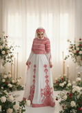 Bridal White & Red Thobe with Full Embroidered Top With Extra long Sleeves