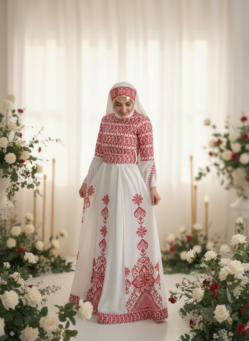 Bridal White & Red Thobe with Full Embroidered Top With Extra long Sleeves