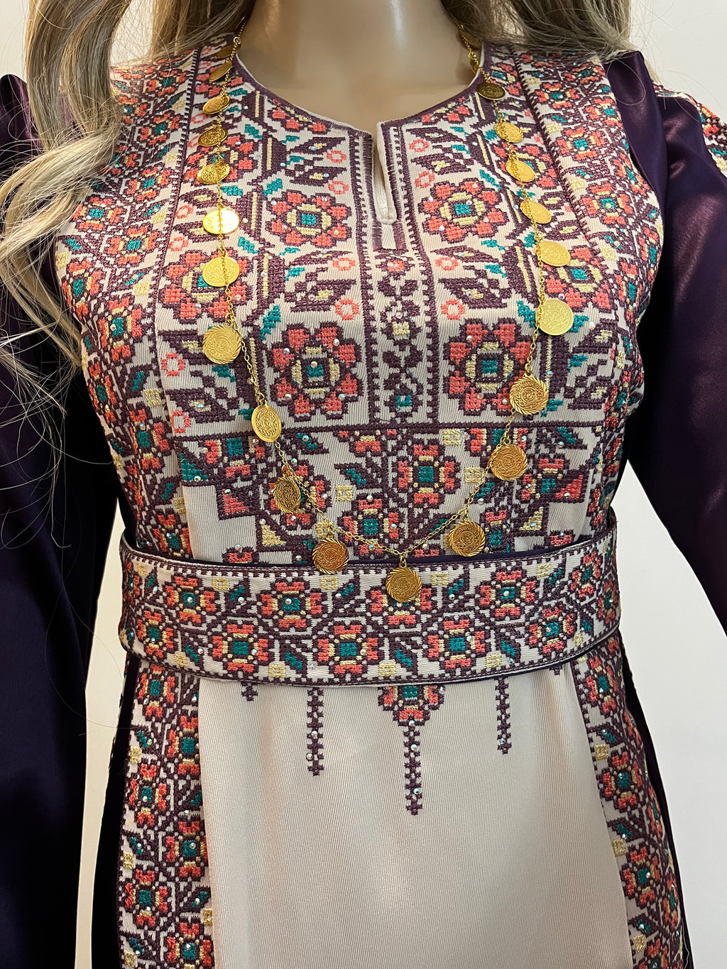 The Poppy Flower Thobe - Purple With Flowers & Sparkle Traditional Long Sleeve Full Embroidered Palestinian Thobe/Dress