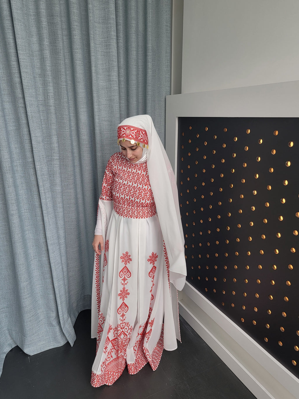 Bridal White & Red Thobe with Full Embroidered Top With Extra long Sleeves