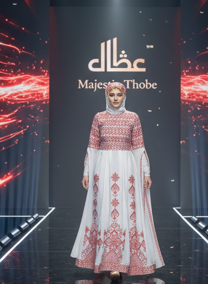 Bridal White & Red Thobe with Full Embroidered Top With Extra long Sleeves