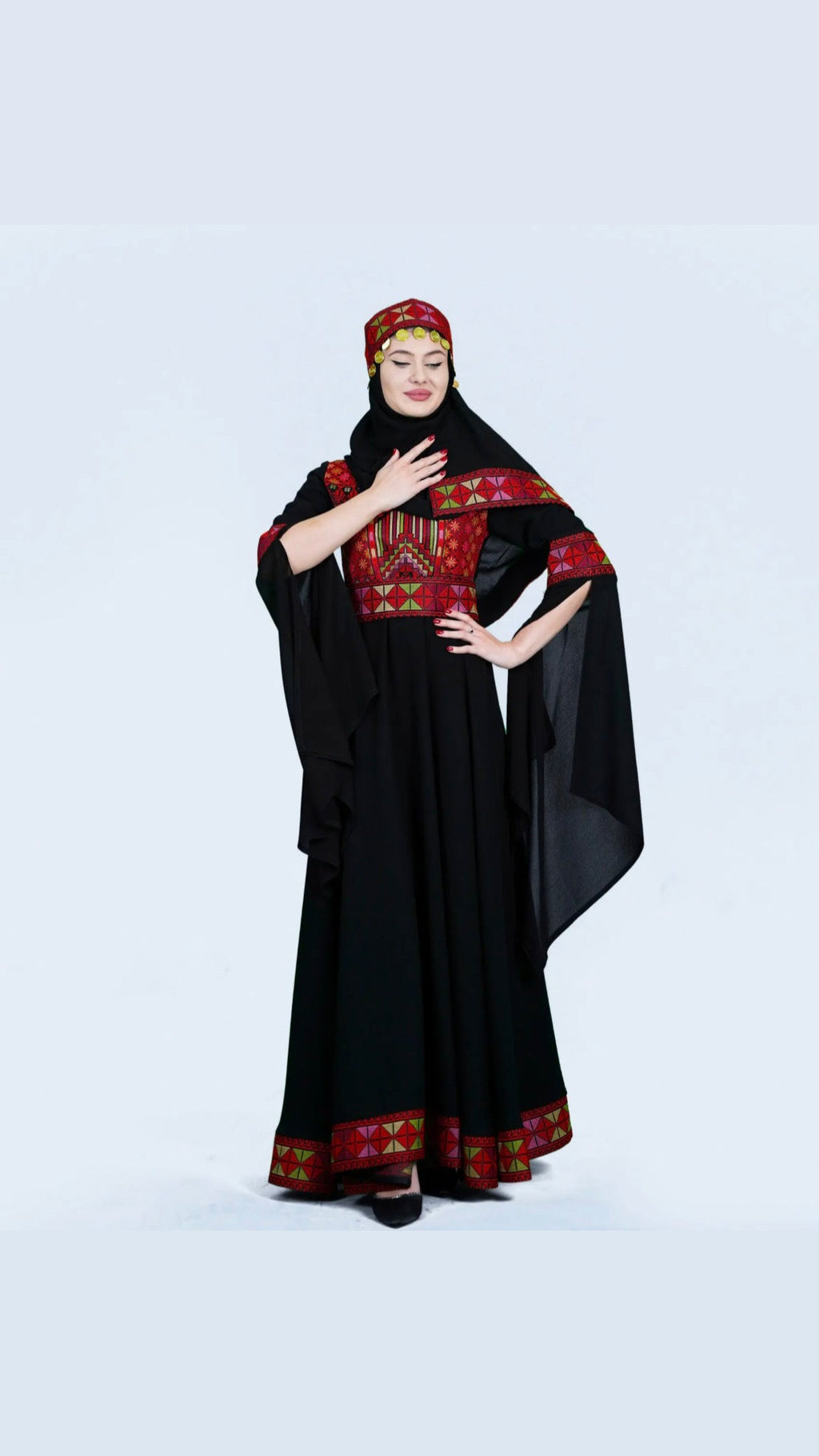The Sara Thobe - Black with Red Tatreez With Extra Long Sleeve Modern Dress Thobe